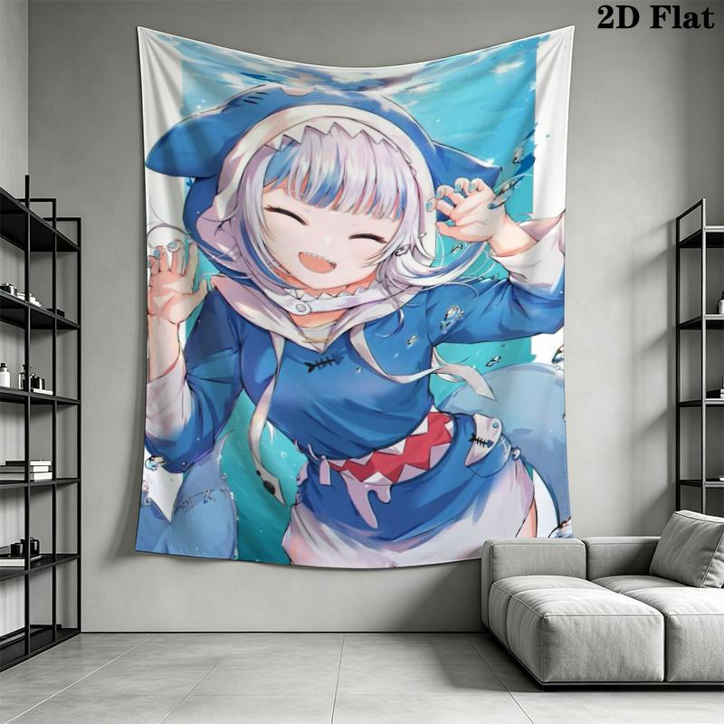 Gawr Gura Wall Tapestry Aesthetic Wall Hanging Printed Fabric Blanket Decorative Tapestries for Bedroom Living Room Home Decor