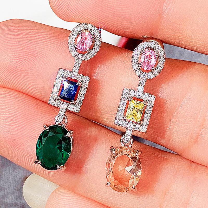 Роскошные женские длинные серьги-капли с цирконом Aaa, винтажные свадебные серьги серебряного цвета для женщин, серьги с розовым, синим, зеленым камнем