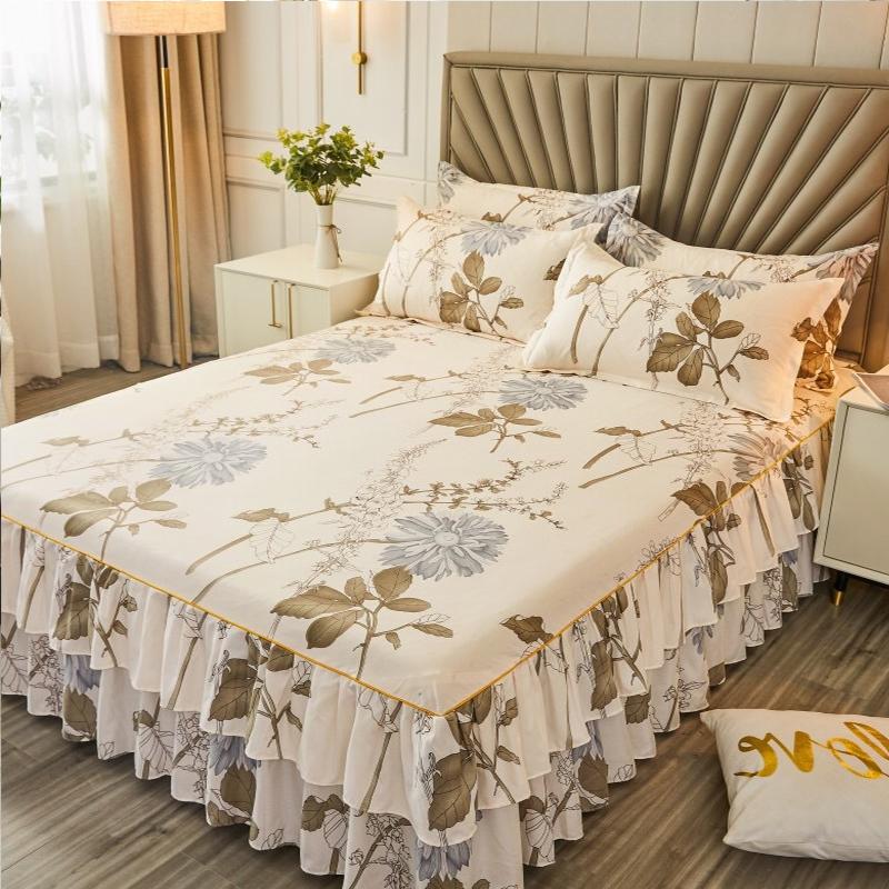 Набор из 3 предметов: Принтованная юбка для кровати 1 юбка для кровати + 2 наволочки, Цветочная кружевная юбка для кровати, Дышащее мягкое покрывало, Постельное белье, Защитный чехол для матраса с защитой от скольжения 360°