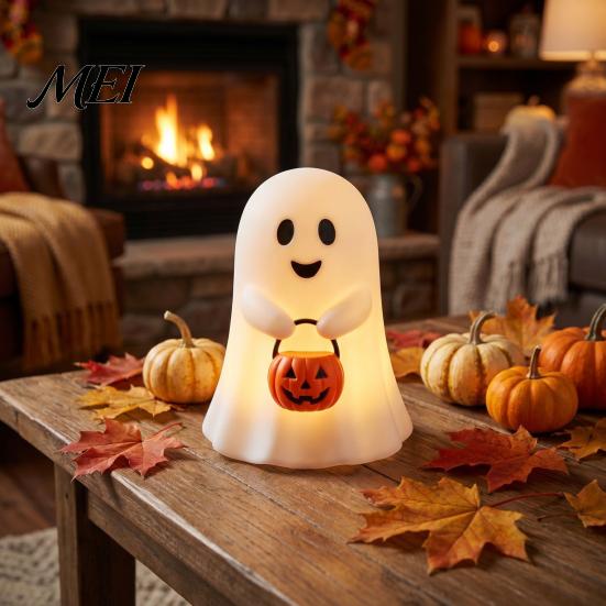 Christmas Eve Party Supplies Cute Ghost Holding Pumpkin Bucket Table Lamp, Halloween Spooky Bedside Synthetic Resin Ornaments Small LED Night