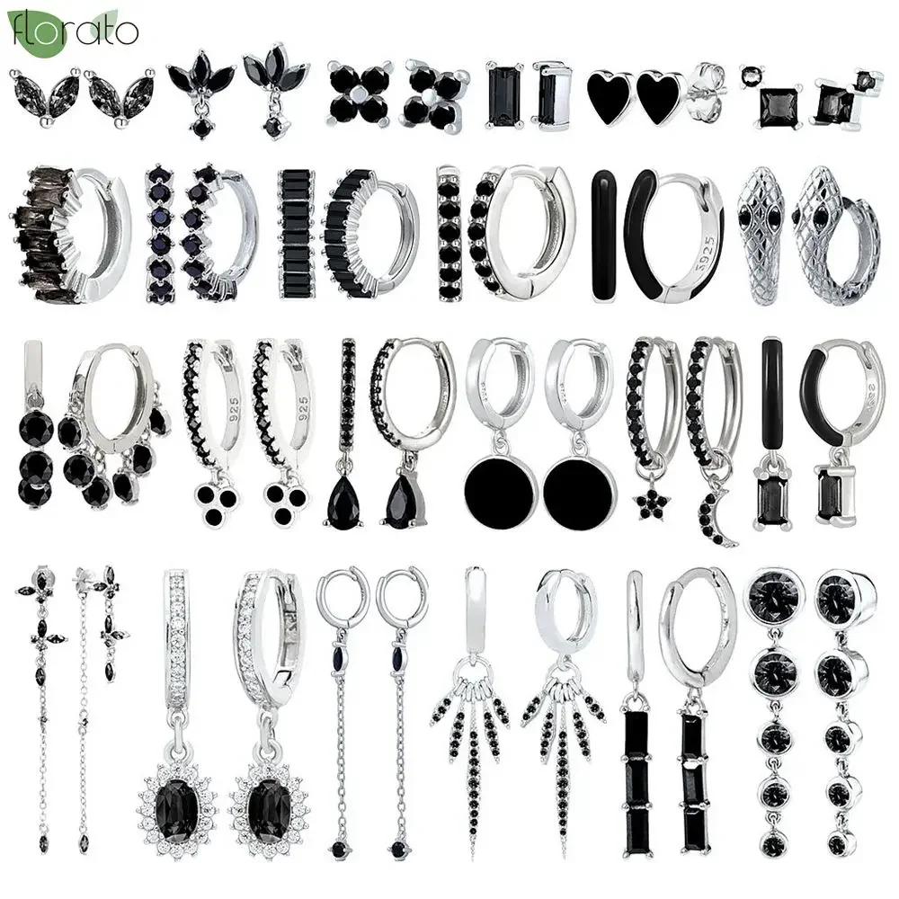 Серьги-подвески из серебра 925 пробы, модные, с черным цирконом, новые, маленькие круглые/крестообразные кольца для женщин, пирсинг, ювелирные изделия