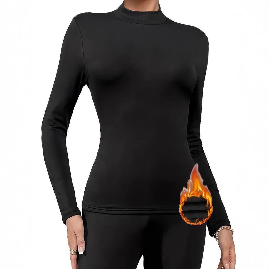 Женский базовый слой с флисовой подкладкой и круглым вырезом, облегающего кроя - Однотонный, с длинным рукавом, уютное осенне-зимнее нижнее белье