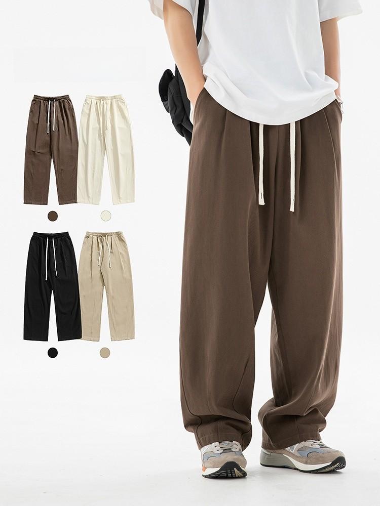 Retro Cotton Casual Pants With Pleats And Drawstring Waist For Men