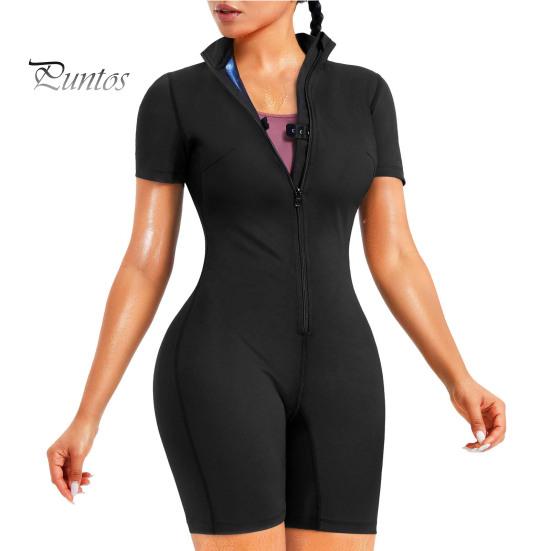 Спортивный компрессионный компрессионный компрессионный компрессионный компрессионный компрессионный комбинезон с застежкой-молнией и воротником-стойкой, спортивный костюм с короткими рукавами для сжигания калорий, спортивный костюм для тренировок с высокой эластичной талией