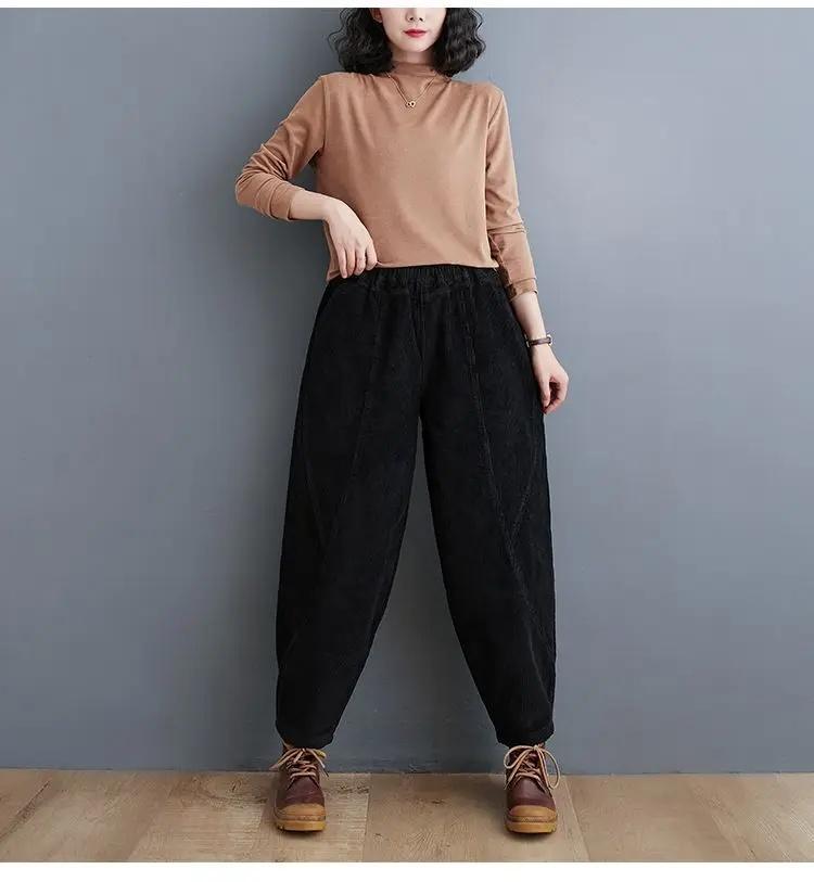 Women Thickened Fleece-Lined Corduroy Purple Harem Trousers For Middle-Aged Women Winter Style Mom's Peony Pants