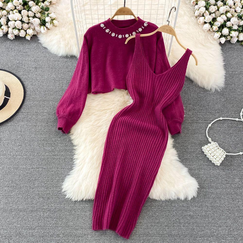 Celebrity Style Round Neck Beaded High Waist Short Open Bellybutton Sweater Two Piece Spicy Girls Knitted Tank Top Dress Women