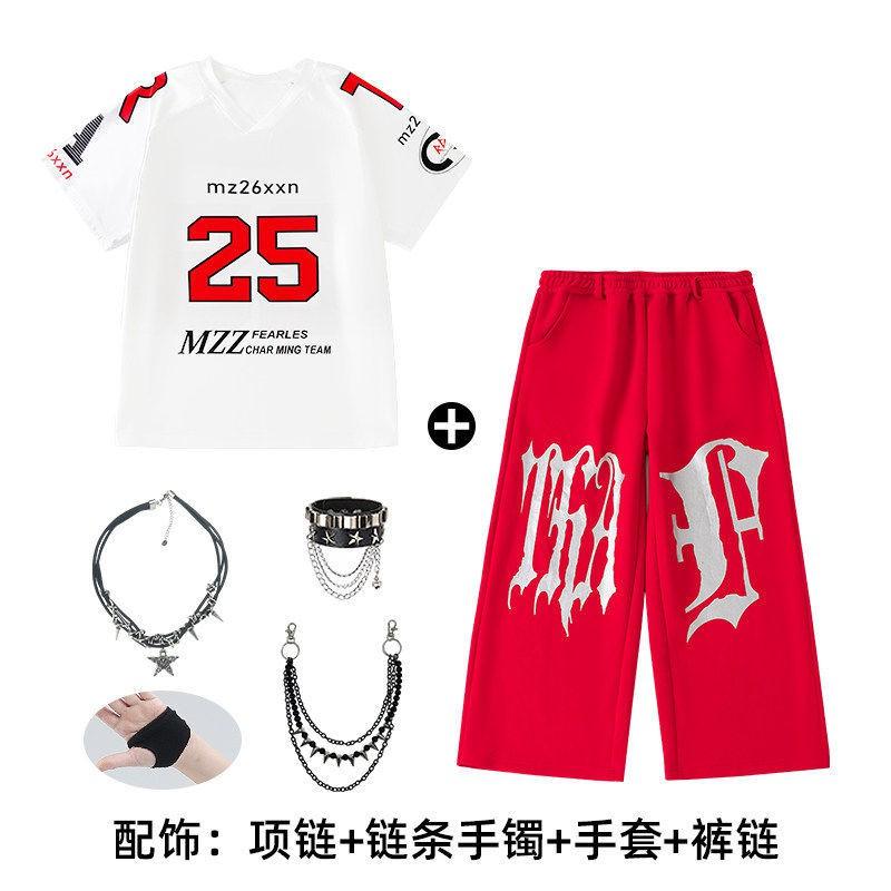 Kids Hip Hop Dance Outfit Set - White Short Sleeve Top Red Pants Boys Girls Stage Performance