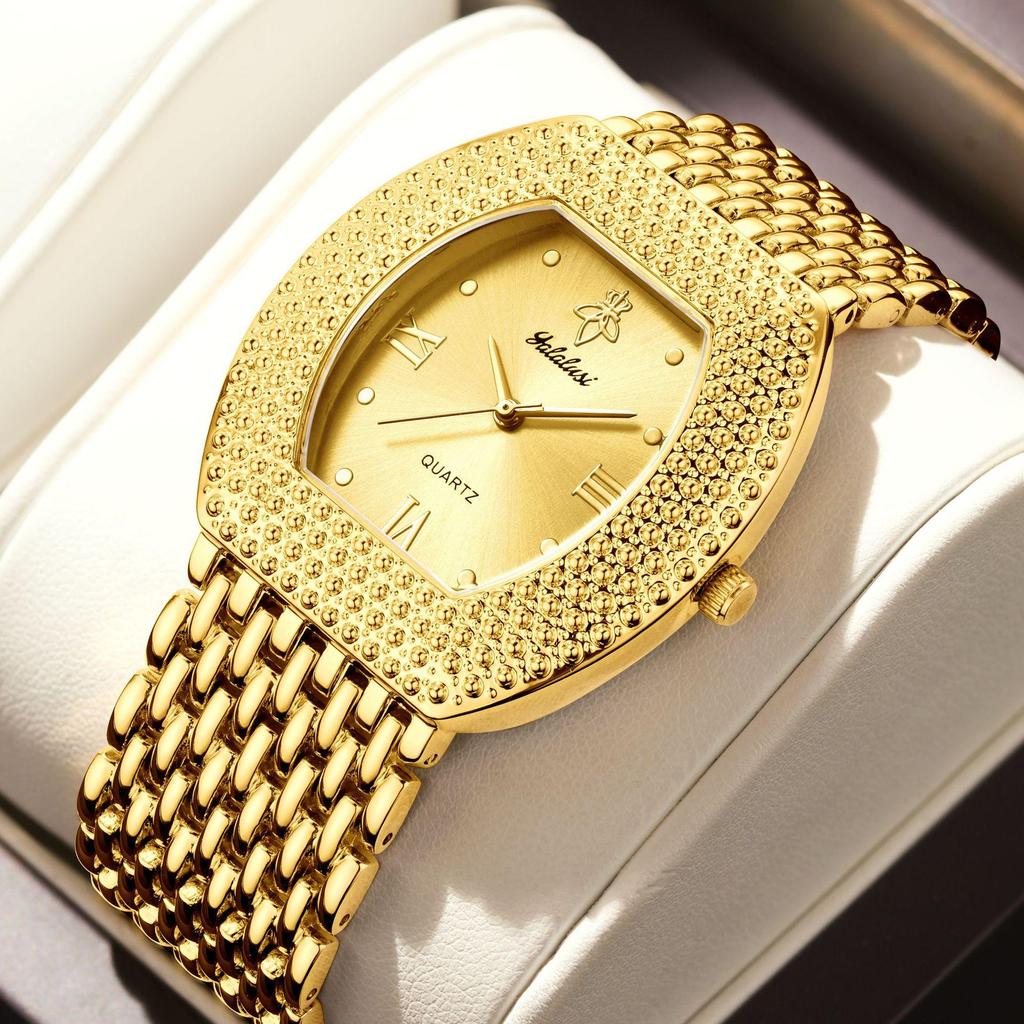 Classic Gold Plated Women's Watch Roman Numeral Dial Oval Shape Textured Bezel Alloy Band Business Casual Wristwatch