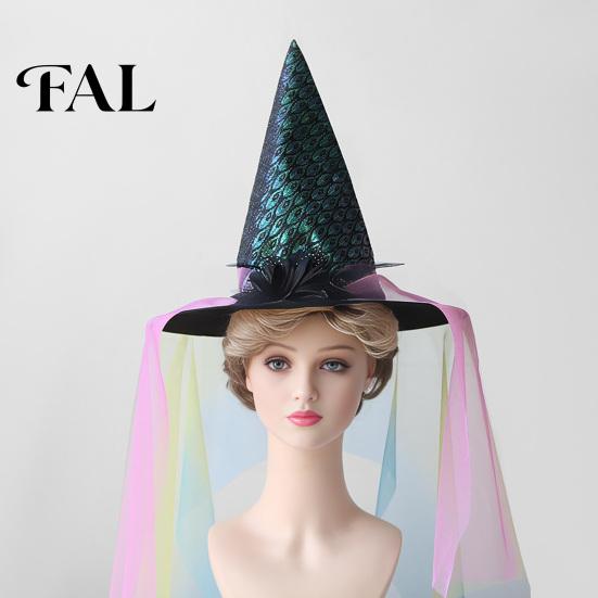 Vintage Style Party Hats Halloween Star Witch Hat, Mesh Veil Rose Feather Cone Hat Decorative for Women, Gothic Costume Headwear, Adult Cosplay