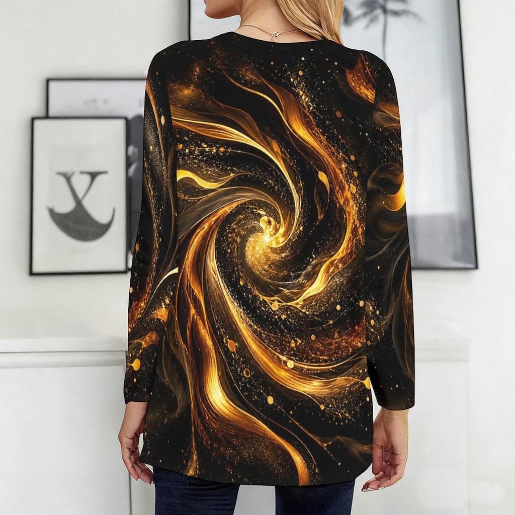 Women Plus Size Round Neck Long Sleeve Abstract Printed Red Black Loose Longline T Shirt With Pockets