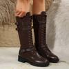 Женские сапоги до колена, осенние женские туфли, шнуровка, винтажная искусственная кожа, сексуальные ковбойские ботинки с пряжкой на ремне, женские длинные рыцарские сапоги в стиле ретро