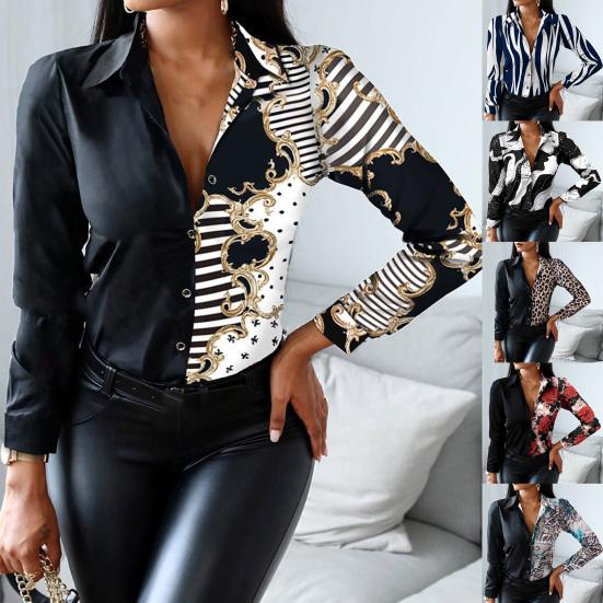 Large Size Single Breasted Temperament Leopard Lapel Blouse