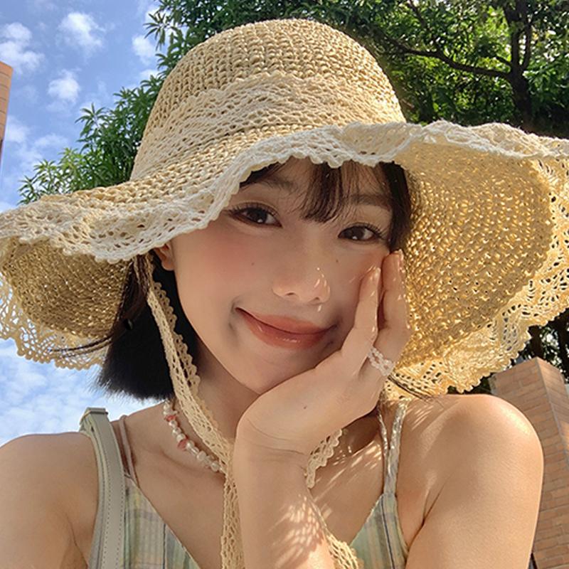 Соломенная шляпа женская кружевная шляпа рыбака с ремешком из кружева защита от солнца полая дышащая шляпа от солнца дорожная шляпа от солнца на море
