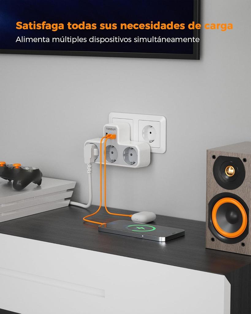 Tessan Multiple Wall Socket with 2 USB C 1 USB A Ports, 6 In 1 USB Adapter with Overload Protection for Smartphone,Tablet