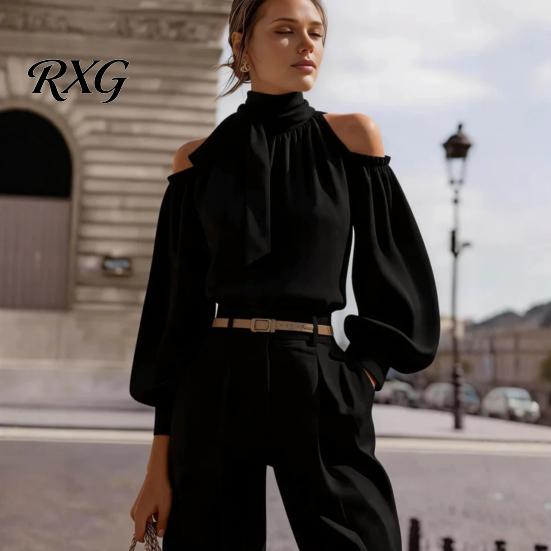 Breathable Women Shirt Summer Solid Color Shirt, Lantern Sleeves Cold Shoulder Blouse Blouse, Casual Loose Fit High Collar Ruffle Top Everyday