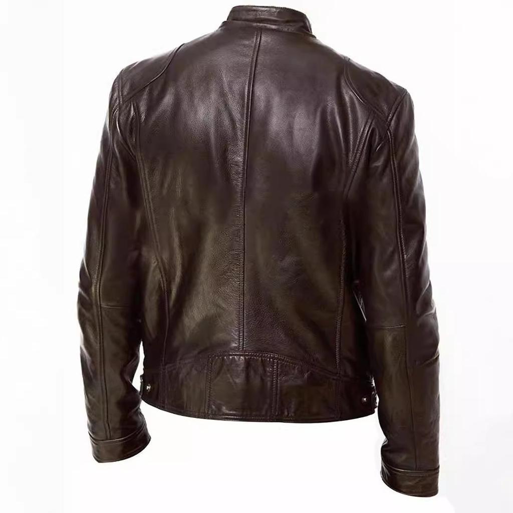 Men's Genuine Leather Jacket with Zipper Details, Stand Collar, Multiple Pockets, Slim Fit, Black and Brown