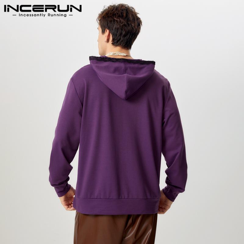 INCERUN Мужские толстовки с капюшоном с длинным рукавом и кружевным подолом, повседневные толстовки с капюшоном