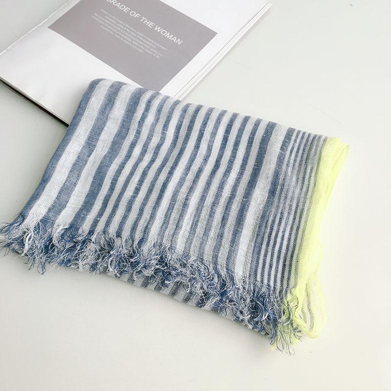 New Pure Linen Blue Striped Scarf for Women Fringed Men's Business Casual Dcorative Soft Linen Scarf