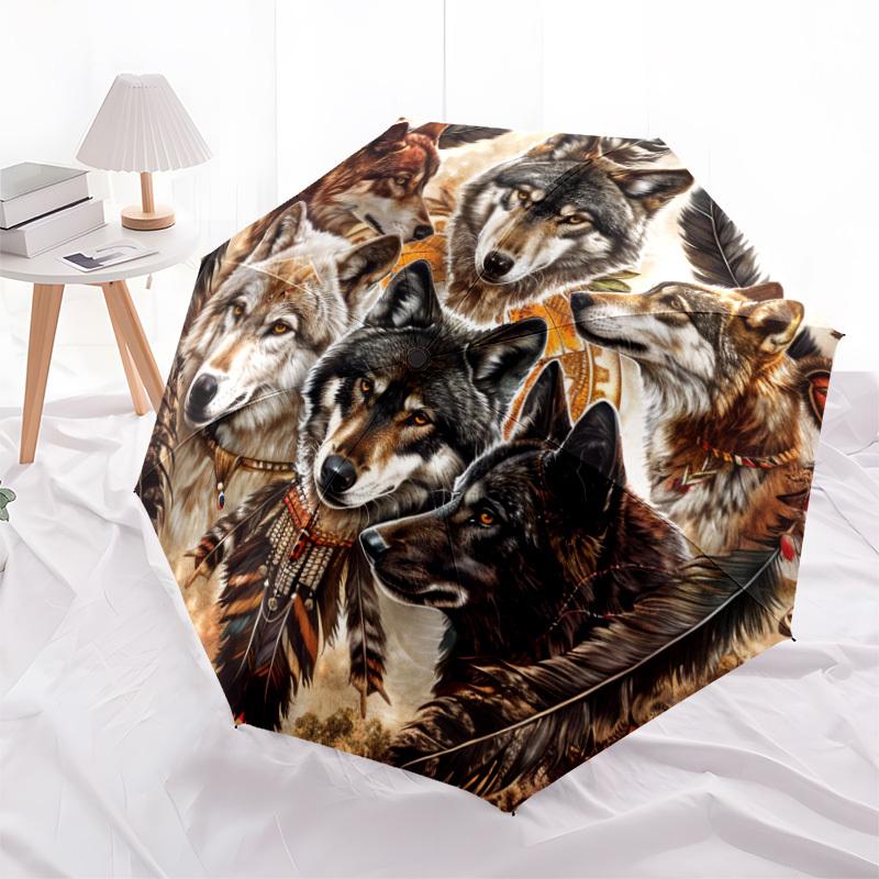 1pc Wolf Totem Circle Umbrella with Plastic Handle,Suitable for All Seasons Home Travel Outdoor UmbrellaDD976