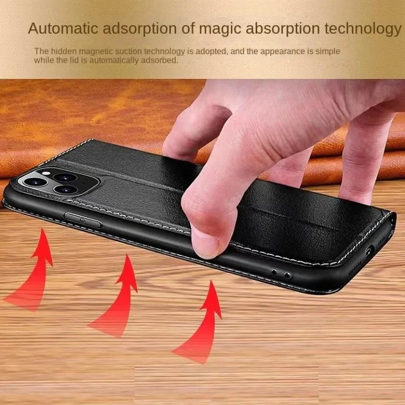 Магнитный чехол-бумажник из натуральной коровьей кожи для iPhone 16 Pro Max 17 15 Plus 14 13 12 11 Xs Xr 8 с окном для просмотра Отвечающий бесплатно