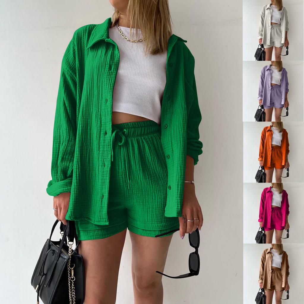 Женская летняя муслиновая блузка из двух предметов, рубашка и шорты, комплект из двух предметов, комплект пляжной одежды, женский комплект из двух предметов