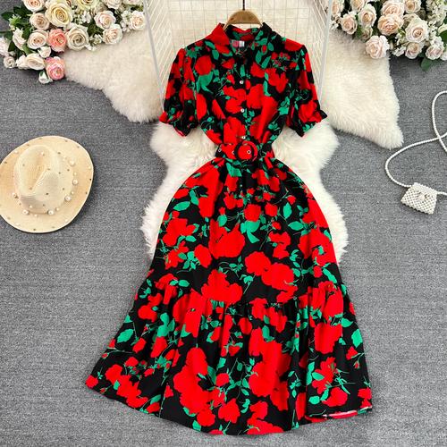 Vintage Robes Puff Short Sleeve Lapel Neck Vestido Wrapped Waist Slim Medium Length A-Line Print Dress