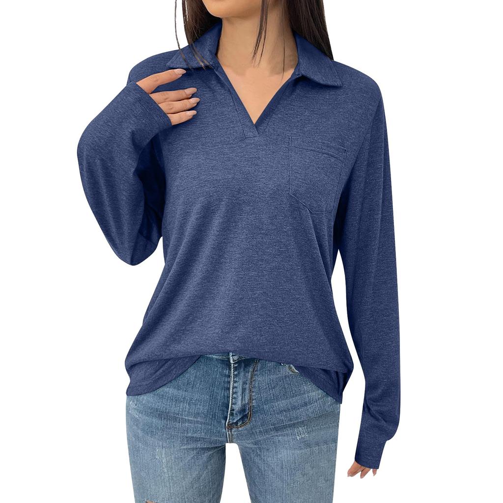 Женская модная однотонная свободная футболка с лацканами и длинными рукавами и карманами