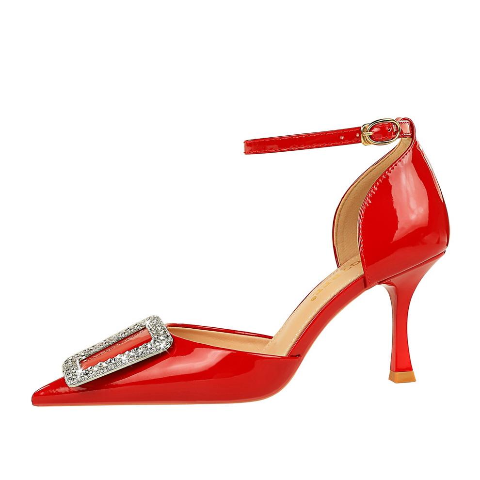 BIGTREE/Европейский стиль, банкетные сандалии на высоком каблуке с острым носком, одно слово, с металлической пряжкой, женские полые сандалии