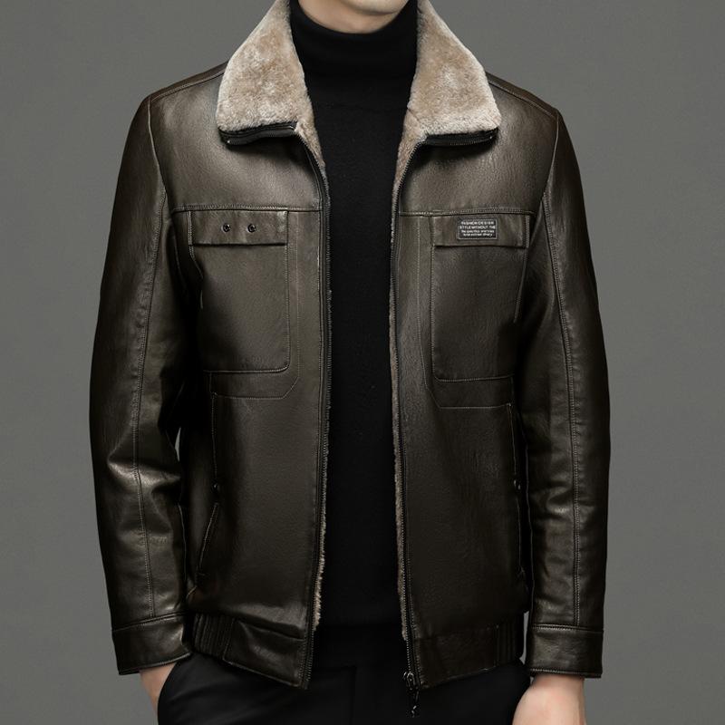 Куртка из натуральной кожи для мужчин, кожаная куртка для папы среднего возраста, мужская бархатная повседневная куртка из овчины, все в одном