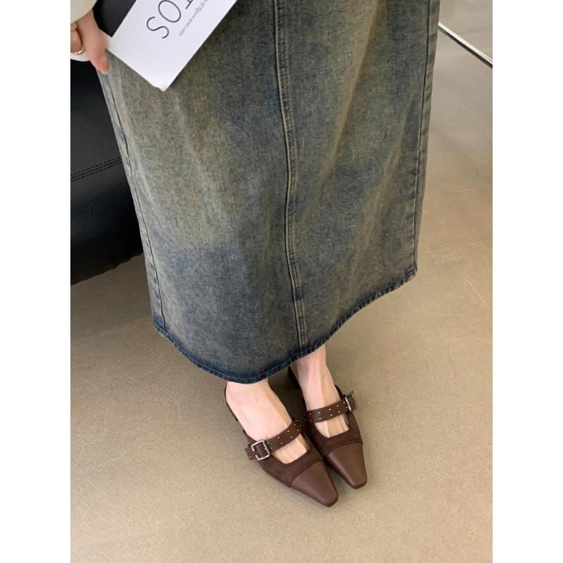 Тапочки Baotou, женская верхняя одежда, лето 2025, новые французские маленькие ароматные туфли с квадратной головкой и неглубоким горлом, полутапочки Muller на плоской подошве