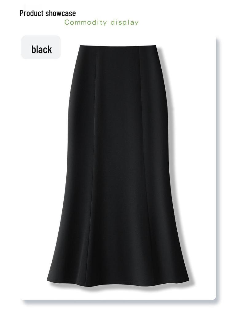 Women's High-Waist Black Fishtail Midi Skirt - Spring 2025 Collection, Elegant Mid-Length Bodycon Design