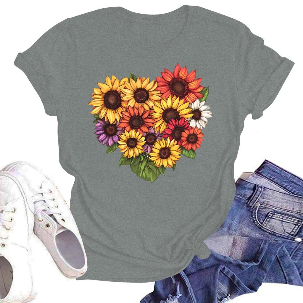 Women's Casual Loose Printed T-shirt Round Neck Pullover Short Sleeved Top