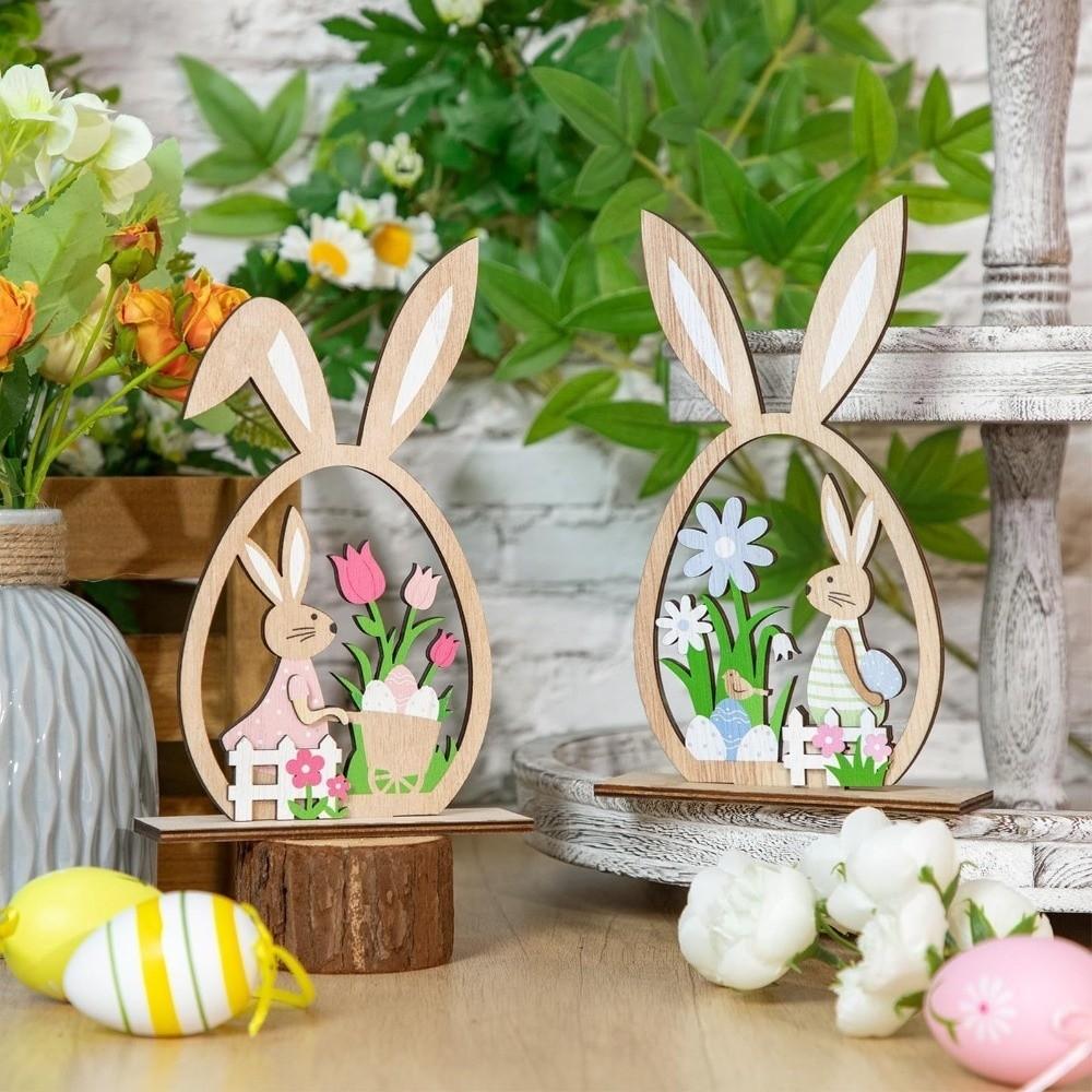 2Pcs Farmhouse Rustic Easter Bunny Ornament Hand-Painted Bunny Desktop Decorative Table Mantel