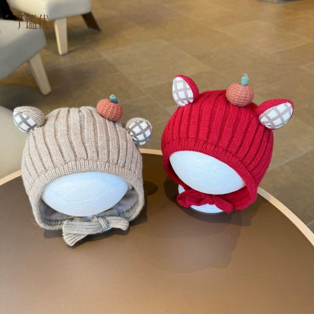 Knitted Baby Winter Hat with Plaid Ear Details Earflap Beanie Infant Knit Hat Cold Weather Outings