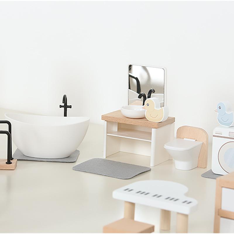 Современный кукольный домик, набор украшений деревянной мебели, сделай сам, ванная комната, спальня, кукольный домик, кухонные принадлежности, стол и стулья, детские аксессуары