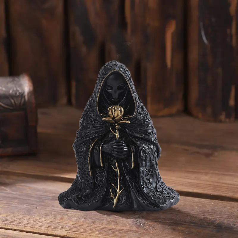 Gothic Black Robe Hooded Figure Resin Sculpture Mystical Wizard Statue Halloween Ornament Desk Decor For Home Or Office