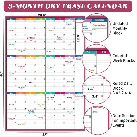 Large Dry Erase Calendar For Wall - Undated 3 Month Calendar, 28'' x 40'', Erasable & Reble Laminated White Board With 8 Round Stickers, Vertical
