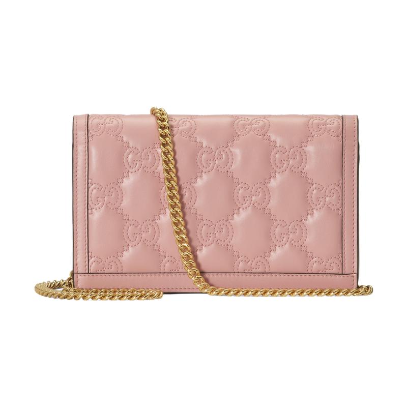 Gucci Snap closure metal chain shoulder strap quilted leather small square bag shoulder crossbody wallet women's pink