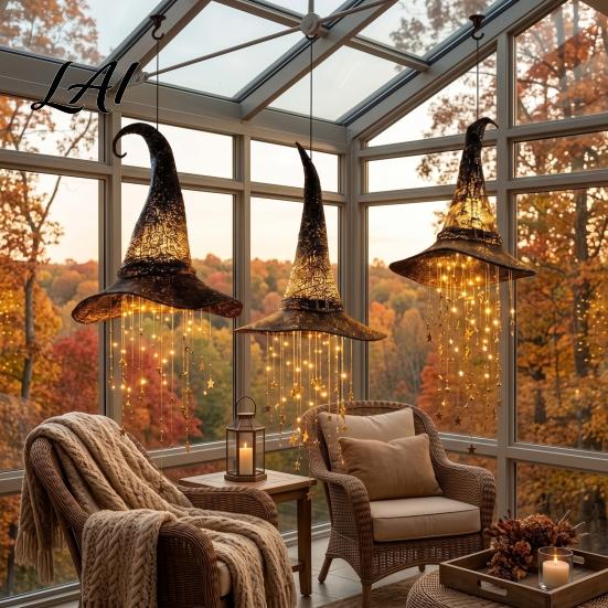 Halloween Witch Hat Hanging Lights 2 Pcs Light Up Black Mesh Chime Glowing Battery Operated Lamp with Cascading Stars for Window Patio Porch