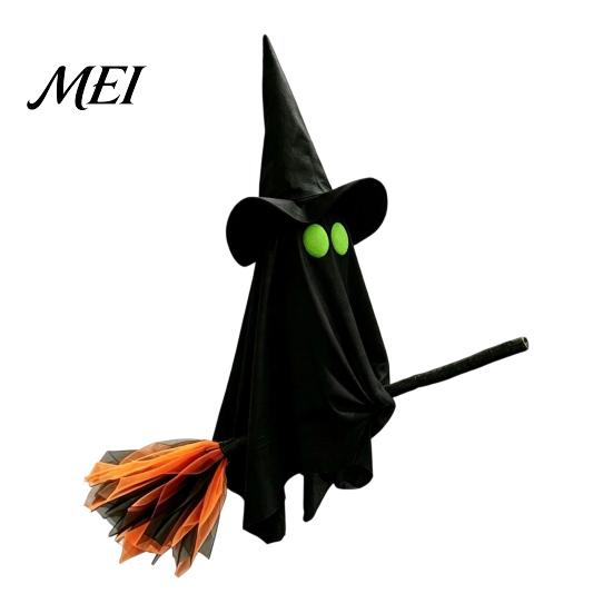 Festive Party Atmosphere Accessory Halloween Ghost Witch Broom Hanging Ornament, Spooky Hat Floating Prop Pendants for Indoor Outdoor Haunted
