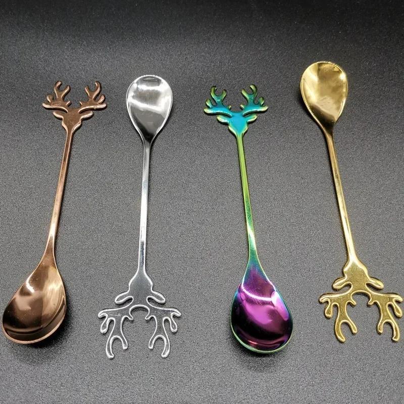 Antlers Shape Spoon Stainless Steel Coffee Dessert Spoon Ice Christmas Antlers Tea Tiny Stirring Tool Accessories