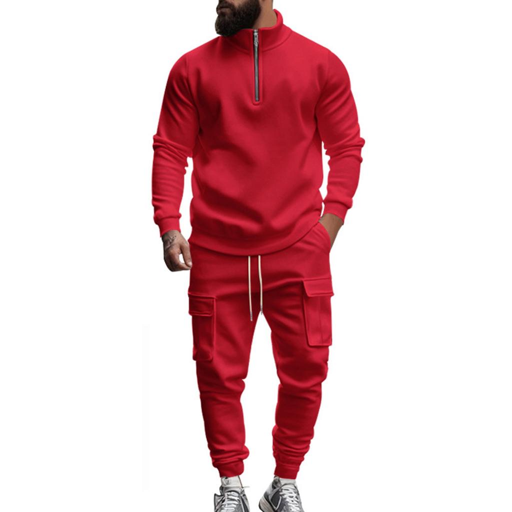 Men's Winter Casual Plus Velvet Warm Zipper Stand Collar Sweatshirt Men's Sports Pants Sweatshirt Set