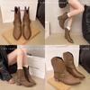 2025 Новые женские полусапоги Ретро сапоги на устойчивом каблуке Роскошные повседневные кожаные сапоги для женщин Западные сапоги рыцаря