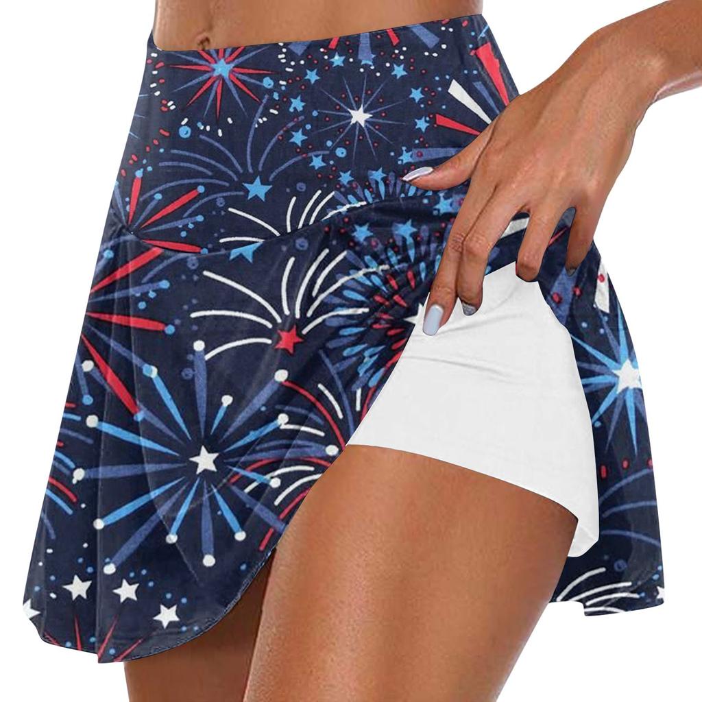Women's Summer Casual Sports Fitness Running Yoga Tennis Skirt Independence Day Printed Pleated Skirt Shorts