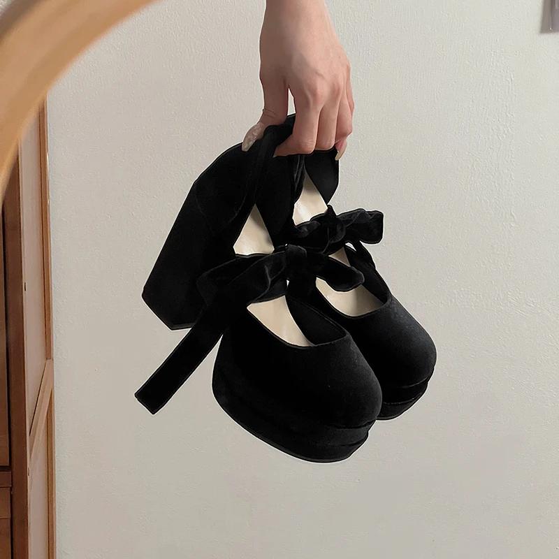 Модные туфли AJGS на платформе для женщин, туфли Мэри Джейн, женская модная обувь на толстом высоком каблуке с перекрестными шнурками, женские элегантные туфли-лодочки