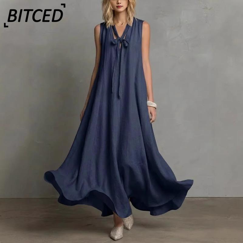 BITCED Модные летние весенние однотонные принтованные платья без рукавов с V-образным вырезом повседневные