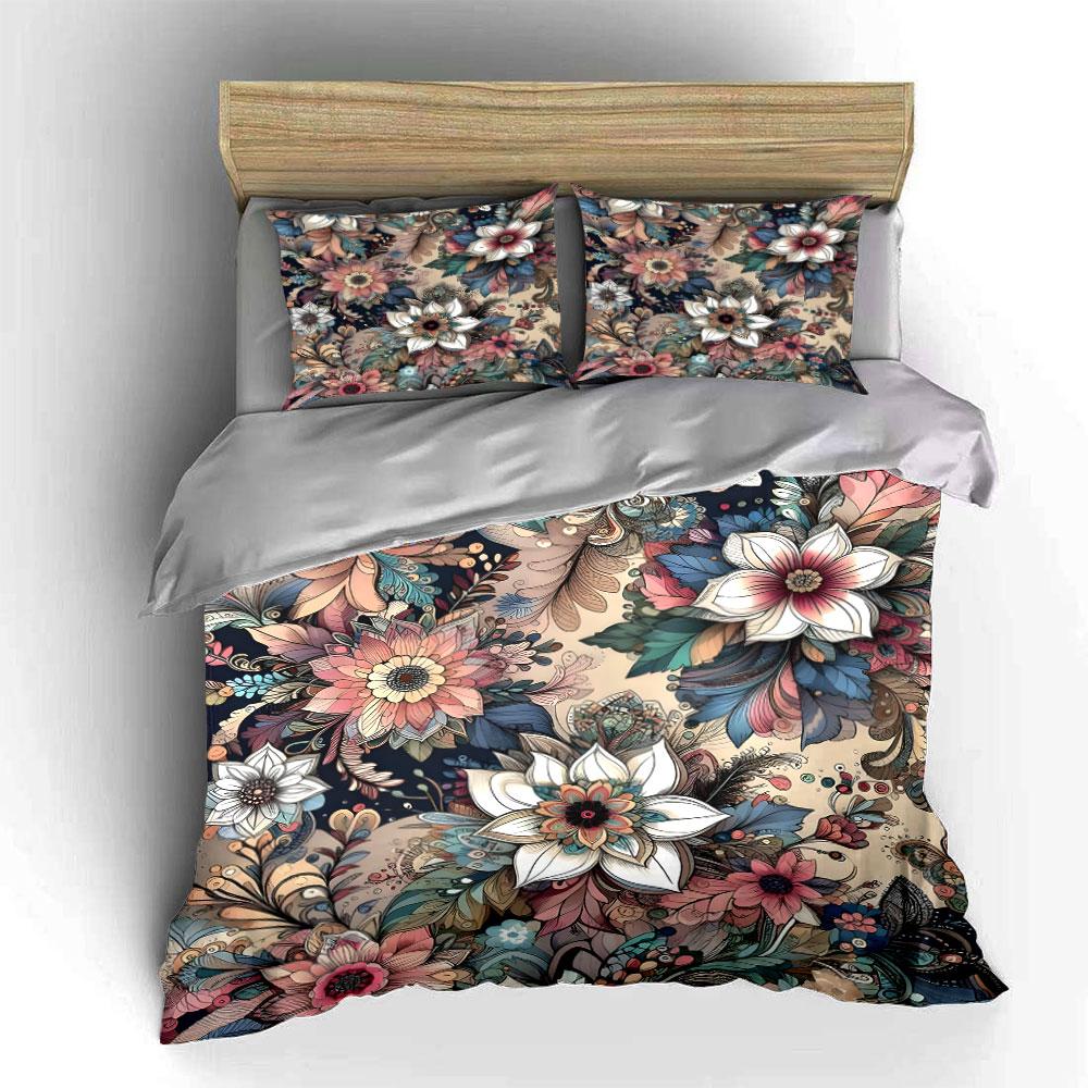 3Pcs Artistic Floral Bedding Set, Hand-Drawn Style Flowers on a Dark Background Print Duvet Cover, Modern Boho Style