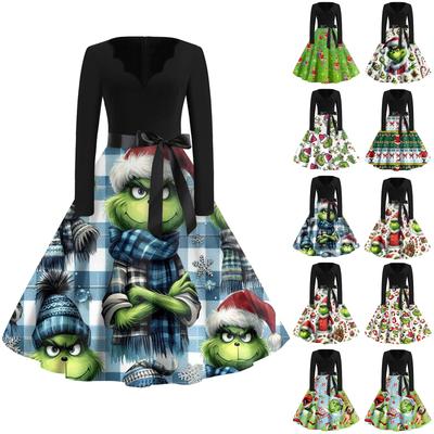 Женское модное платье с V-образным вырезом, повседневное, приталенное, с рождественским принтом, с длинным рукавом