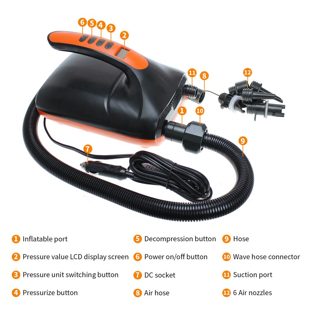 16/20 PSI Inflatable Pump Electric Air Pump 12V SUP Pump Electric Max Dual Stage for Stand Up Paddle Pvc Boat Pump Air Mattress