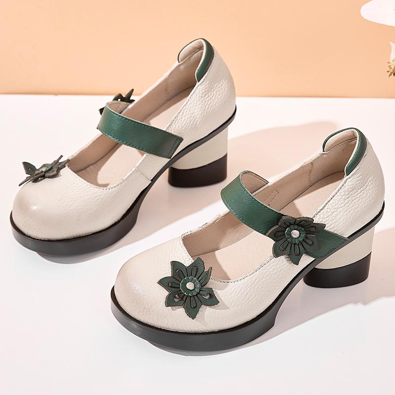 Fashion GKTINOO Spring Women Pumps Retro Lady 7CM High Heels Buckle Strap Flower Pumps Handmade Women Genuine Leather Shoes